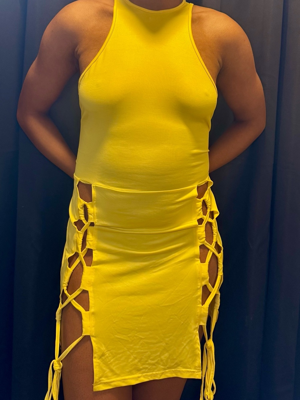 Neon Yellow Lace-Up Side Mini Dress – Cut-Out Bodycon